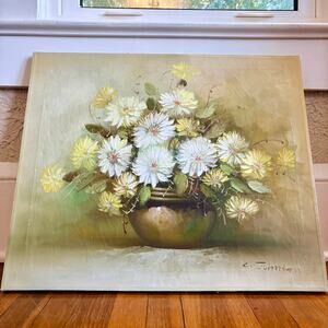 Vintage Original Floral Oil Painting 24x20 Signed White Flowers Unframed Canvas